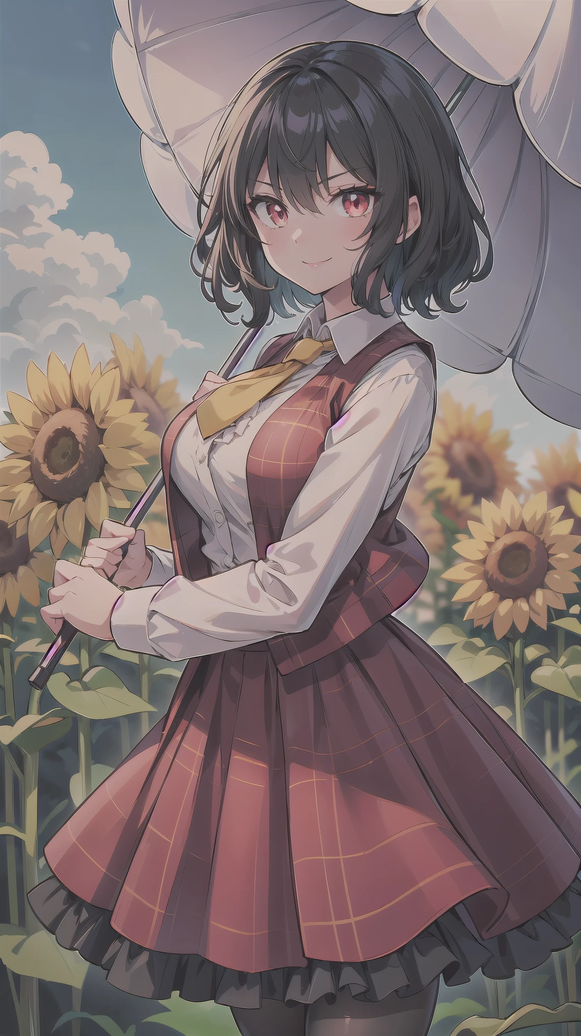 ((super high quality,Ultra-high resolution,16K,super masterpiece,Ultra HD ,Detailed shading,))One Woman,Wavy, shiny, bright emerald short hair,White dress shirt,Long sleeve,Yellow ruffled tie,Unbuttoned red checked vest,Checkered red very long skirt,Black tights,Ruby glowing eyes,Vertical pupil,Very aggressive look,Sharp Eyes,Smiling lips,She is holding a frilly pink parasol in one hand and carrying it on her shoulder.,a blue sky with clouds and sun,Sunflower field,