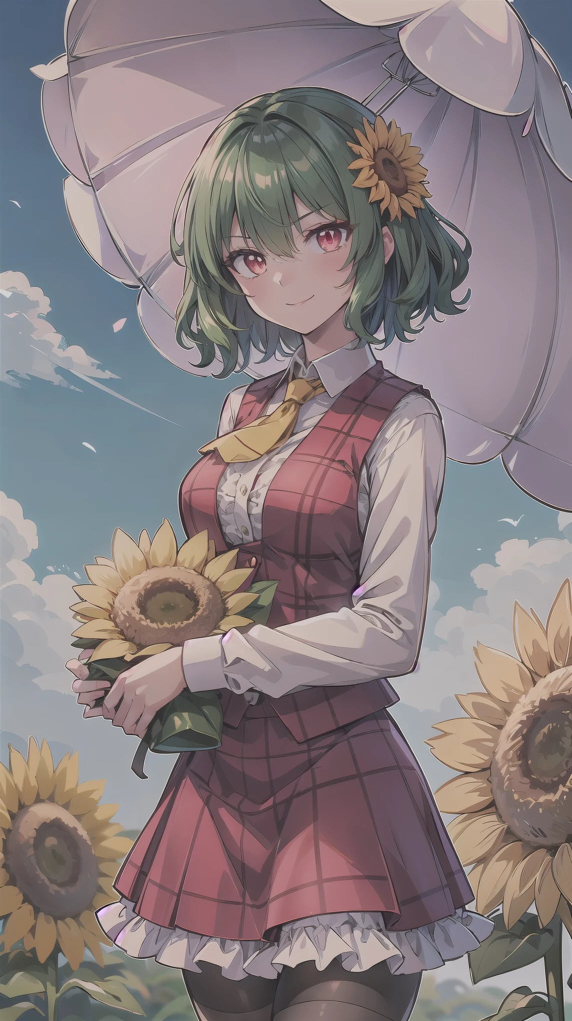 ((super high quality,Ultra-high resolution,16K,super masterpiece,Ultra HD ,Detailed shading,))One Woman,Wavy, shiny, bright emerald short hair,White dress shirt,Long sleeve,Yellow ruffled tie,Unbuttoned red checked vest,Checkered red very long skirt,Black tights,Ruby glowing eyes,Vertical pupil,Very aggressive look,Sharp Eyes,Smiling lips,She is holding a frilly pink parasol in one hand and carrying it on her shoulder.,a blue sky with clouds and sun,Sunflower field,