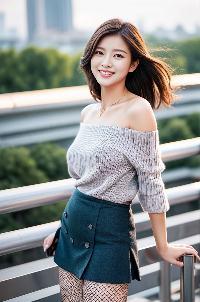 (((Masterpiece:1.5、Highest quality:1.5,)))、Beauty Painting、(Beautiful adult woman:Age 25:Beautiful Face:Small nose:Beautiful Hair:Beautiful Eyes:Beautiful body:Beautiful breasts:Beautiful legs、Cute smile、Upward glance)、Skin-beautifying effect、(Realistic:1.5,RAW shooting,)、Beautiful illustrations、Best skin and hair texture、((Off-the-shoulder knit、1 handbag、Diamond Necklace、mini skirt、Fishnet tights))、Beautiful views、Stand on a large bridge、Beautiful night view、Realistic portraits,Overall image、Accurate Images、Accurate anatomy、Flawless images,
