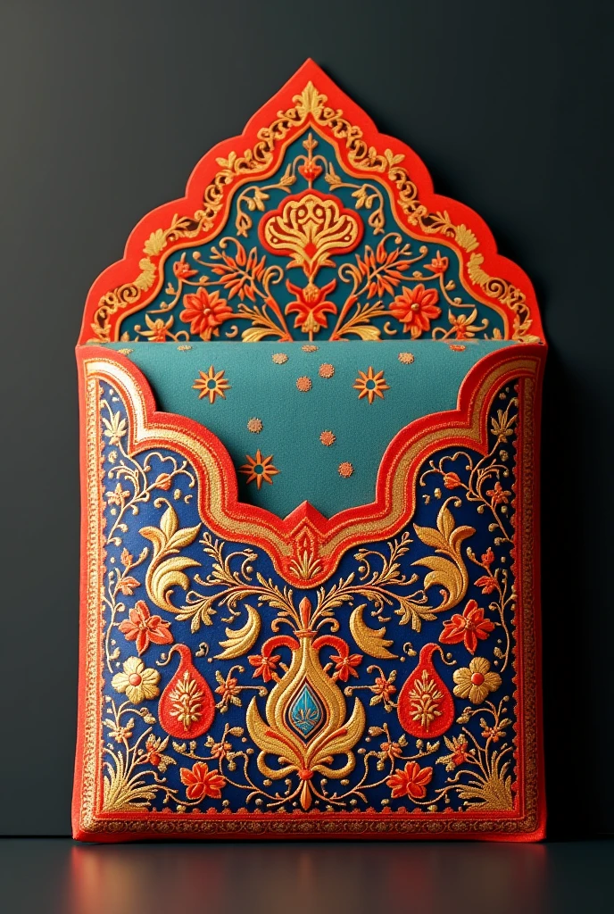 An embroidered envelope with asthetic designs, targeting pakistani audience can include truck art or lock art, should be colourful and according to royal weddings