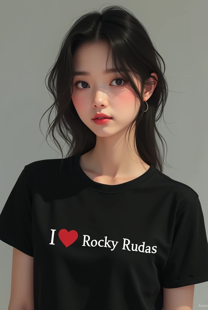 A beautiful 20 year old Chinese girl wearing a black t-shirt with the words I love Rocky Rudas written on it.