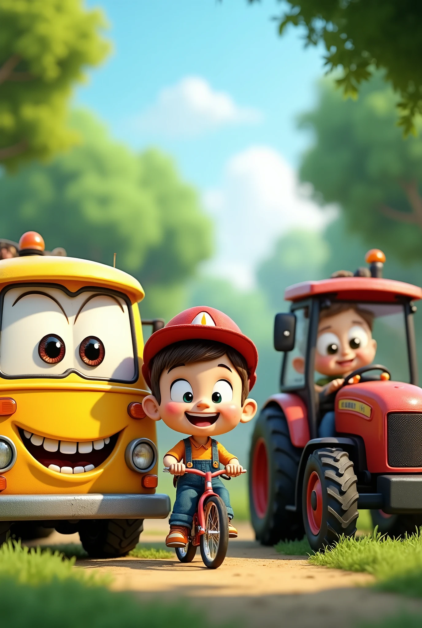  1 bus, 1 smiling car, 1 tractor, 1 bicycle in front of the tractor, with smiling children, next to each other in the park.