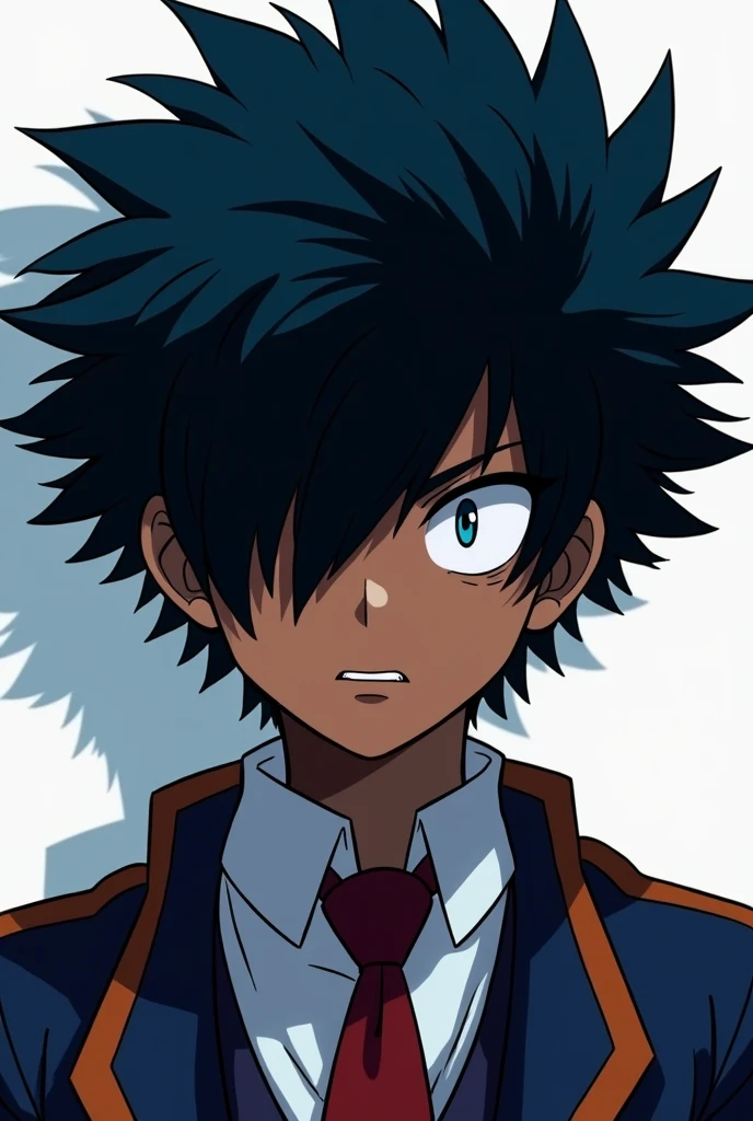 Create a boy who has a haircut that covers his eyes,that the hair is dark blue,that he has a serious expression and that his skin color is dark,that is boku no hero style 