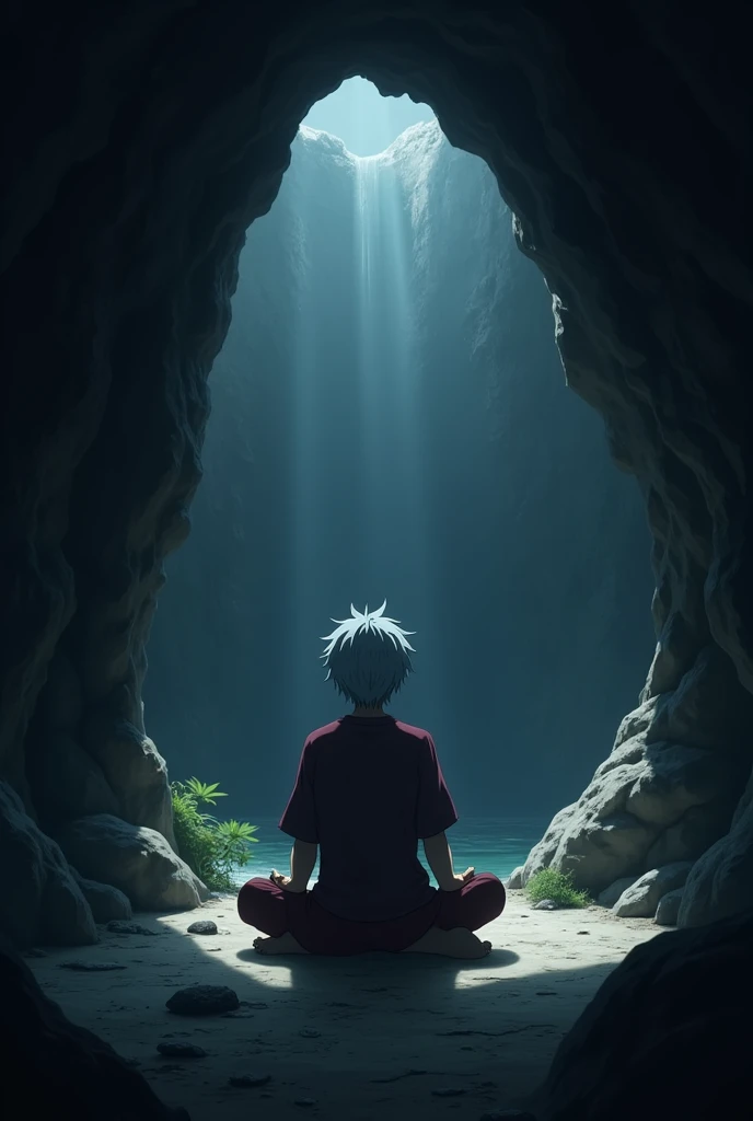 Sakata Gintoki,Being in a cave to do meditation exercises to keep his mind away from the bad things that happen in the world, with a quiet, calm and dark atmosphere.