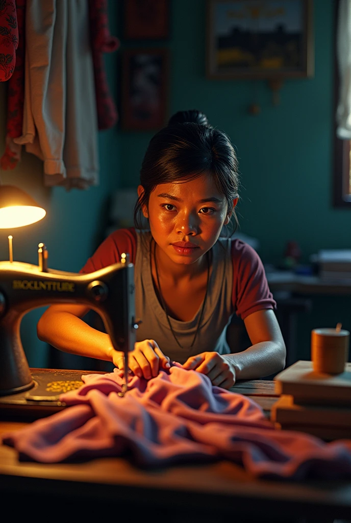 Aling Rosa sitting by a sewing machine, with fabric draped over her lap. Her expression shows focus and determination, but also a hint of tiredness.
- **Description:** The interior of their home, showing Aling Rosa working late into the night, sewing clothes to earn a living. 3D, realistic, vibrant, colorful