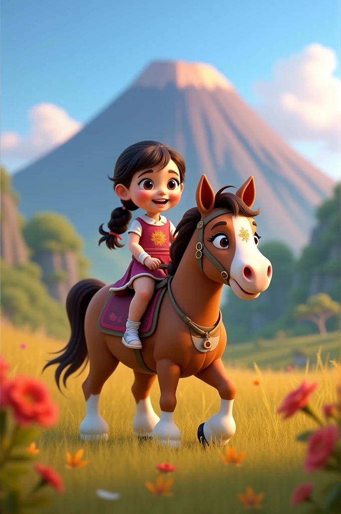 A girl riding a pony that has a star on its nose. The pony, that in the background is the misti of Arequipa ,All in Disney Pixar drawing 