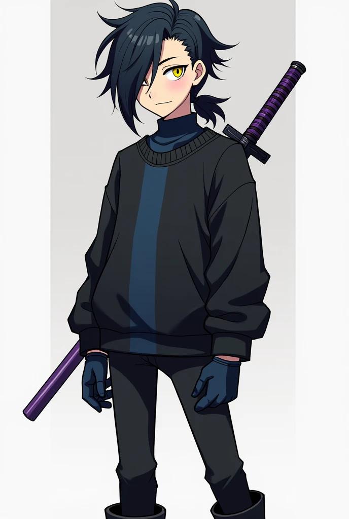 A male Sonic-style age character with long, short black hair, with hair covering a little on the right side of the eye and with a slightly large ponytail, with big yellow eyes, with thick black sweatshirt with dark blue turtleneck shirt, black pants and black men's boots, with black gloves, and with 1 purple sheathed Katana on the back.