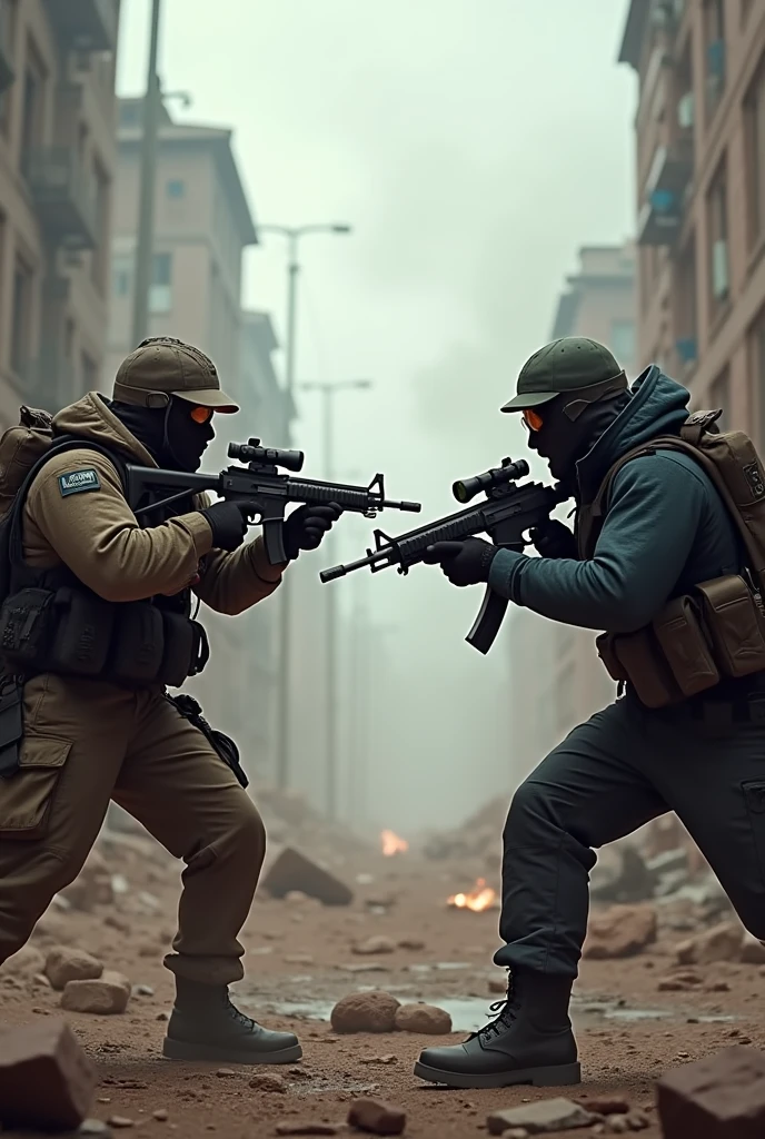 Free fire game player vs player with war background and 2 man with guns in thier hand seeing each otheryoutube thumbnail for 4 million + views