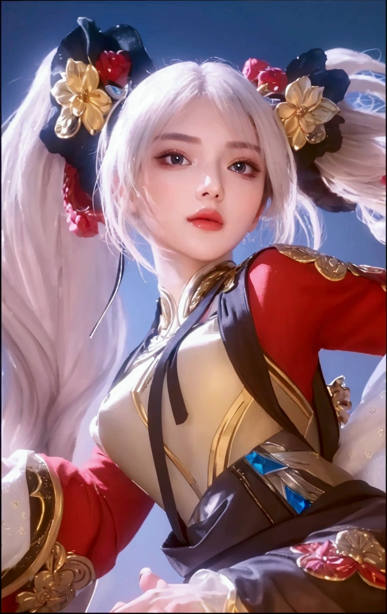 A white hair.Close up of woman with red eyes and white mask,Belle peinture de personnage,Guviz,Guviz-style artwork,White-haired god,Yang J,Epic and beautiful character art,FAN Qi,Small sleeves,The chest is large。A sword in Western European style hangs from his waist。The sleeves of the clothes are eight-point sleeves,Small cuffs。