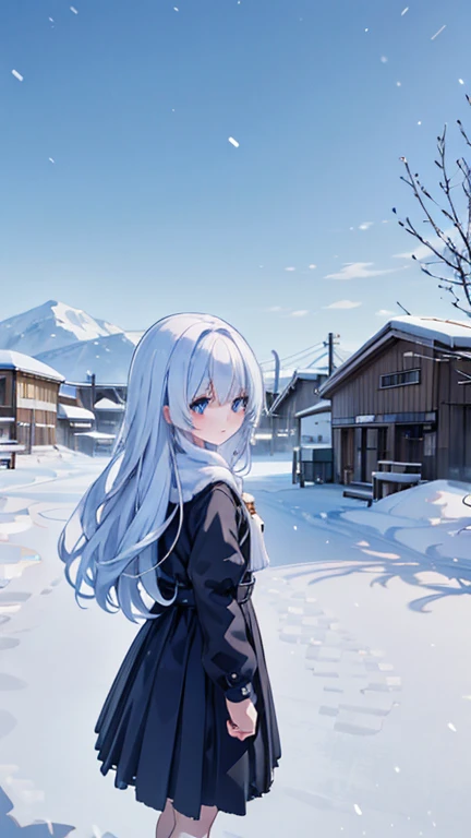 best quality,Snowing Town, high quality, ultra quality, 8k, masterpiece, detailed, extremely detailed, insanely detailed, ultra detailed, ultra highres ,exquisite, Snow Scenery, A woman is looking back,