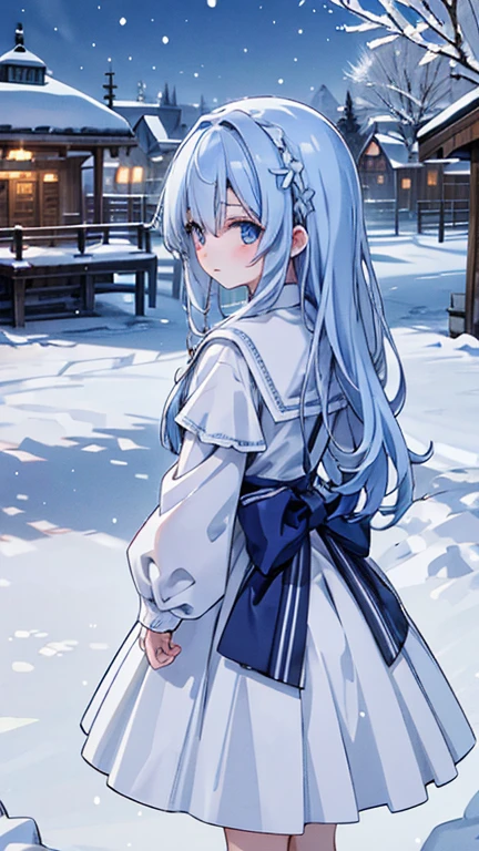 best quality,Snowing Town, high quality, ultra quality, 8k, masterpiece, detailed, extremely detailed, insanely detailed, ultra detailed, ultra highres ,exquisite, Snow Scenery, A woman is looking back,