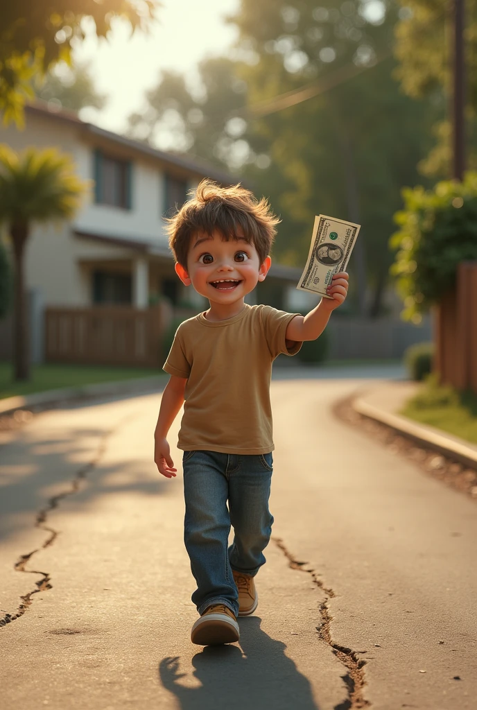 Image of a boy on the street outside his house walking towards her holding up a 100 dollar bill