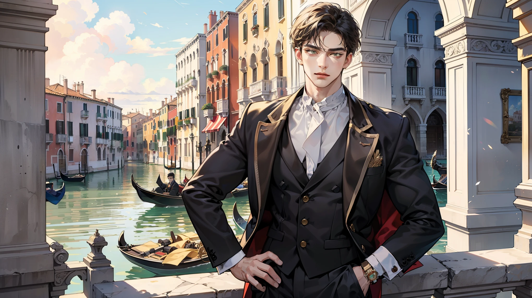 A mature, successful businessman, a modern reincarnation of Constantine the Great, a serious and attractive young man with a kind and earnest expression, a calm and composed demeanor, capable of being resolute when necessary, bright and piercing lion-like eyes, ((deep golden eyes)), in the scenic landscape of Venice at dawn.