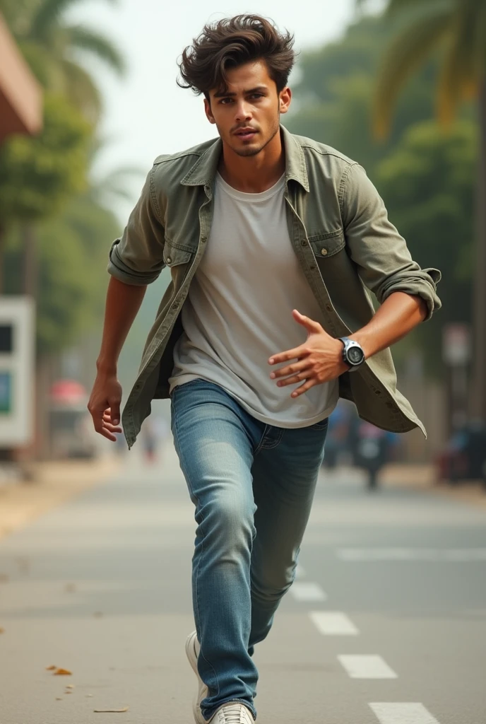 A man with casual Outfits, showing face clearly and the of the man is 22-24 running