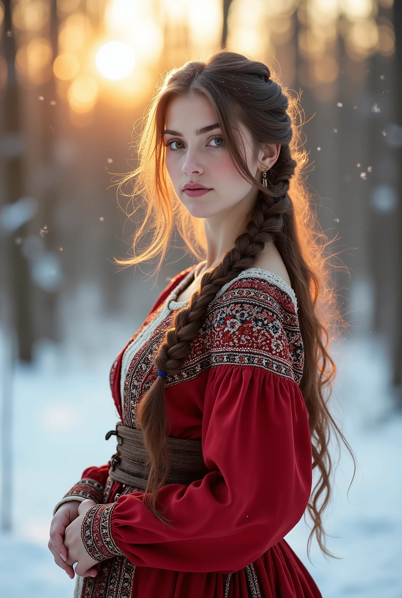 traditional russian women's clothing, hands on waist, outdoors, snow, beautiful sun rays, brunette, young, braid, large breast, no makeup, beautiful, snow, side view, looking at the viewer, full body,