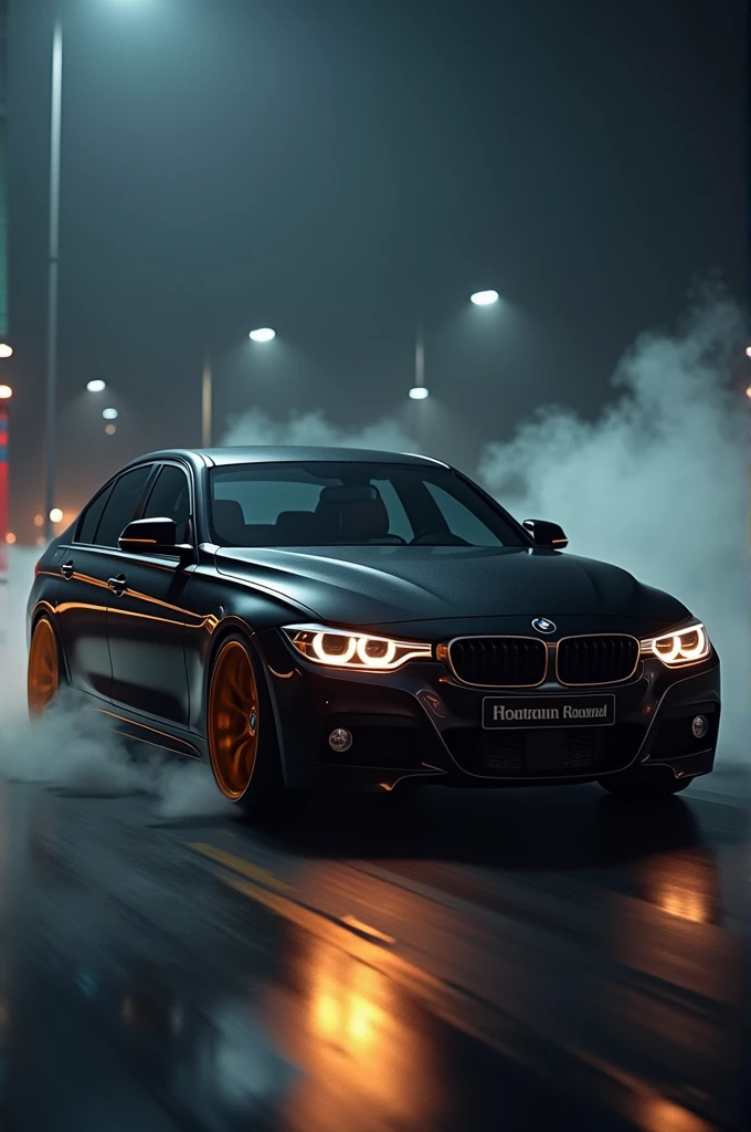 Bmw 320d black with gold alloy wheels with gold ring head light at night with fog with raatan name in front mirror 