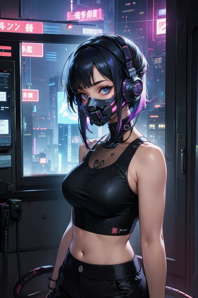 One person, alone, mask, Landscape,View your viewers,Looking out the window,cyber punkシティの夜,Relax in a modest bed,Edge of the screen,Short Hair,, whole body, Black Hair, mouth mask, Holding, blue eyes, Tank top, A large room for a single person with a large window on the front wall, , Halftone, cable,Neon Light,(cyber punk:1.2),