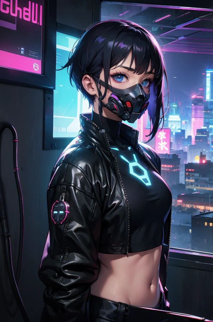 One person, alone, mask, Landscape,View your viewers,Looking out the window,cyber punkシティの夜,Relax in a modest bed,Edge of the screen,Short Hair,, whole body, Black Hair, mouth mask, Holding, blue eyes, Tank top, A large room for a single person with a large window on the front wall, , Halftone, cable,Neon Light,(cyber punk:1.2),