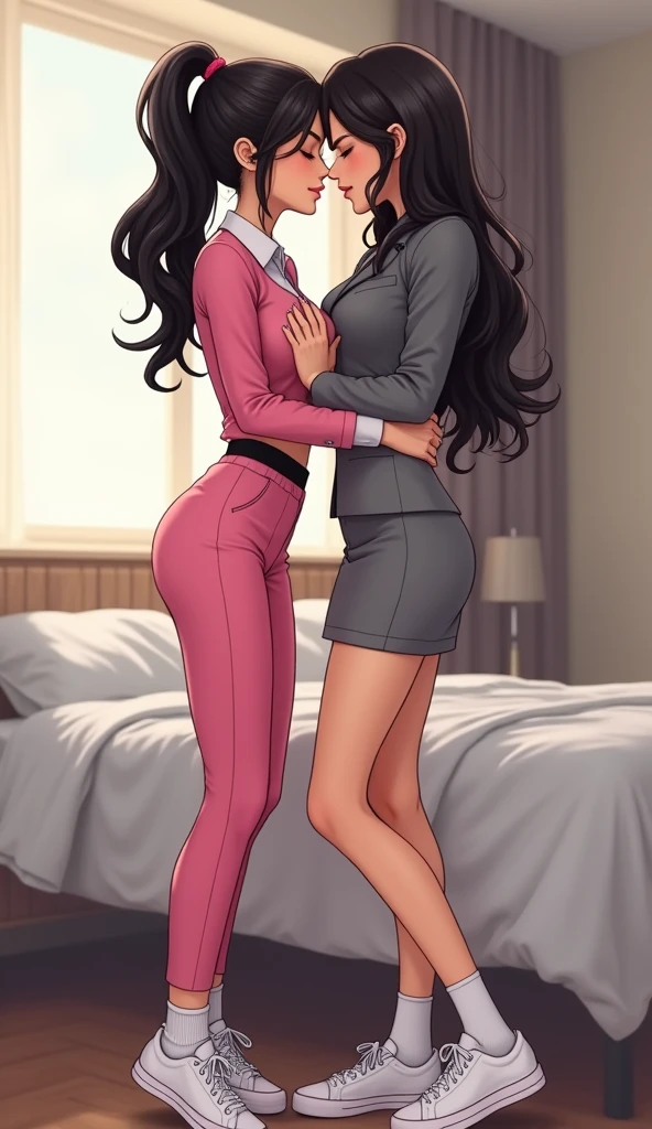 Two young women., Yuri, the first girl, will wear a pink suit., white shirt,  Pink pencil skirt, Black underwear, white socks, White sneakers, the second girl will wear a gray suit., black shirt, Gray pencil skirt, Black underwear, white socks, White sneakers, hot love scene, Hugging each other, They're kissing., Close both eyes, Use your hand to grab your chest., Use your hand to grab your buttocks., in the bedroom, Fictional cartoons, 4K, HD