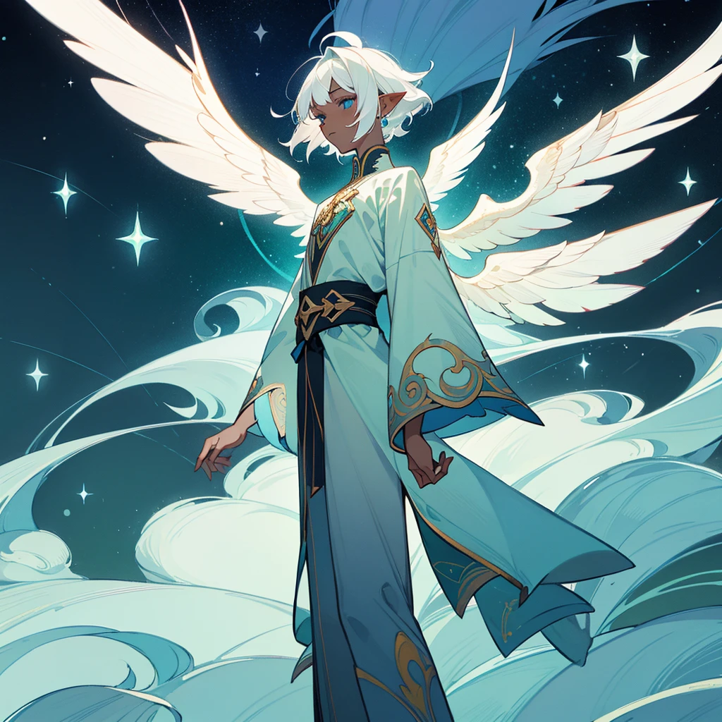 Lonely male deity with black skin and white hair, short bangs medium back hair. Bright sky blue eyes. Green branches with elongated leaves. Long, wavy tail of dark blue with green sparkles resembling a starry night sky, a large pair of wings on the back, a pair of small wings behind the ears. mystical atmosphere, delicate brushwork, magical scenery, Peaceful and serene. Astral Witch Outfit, fashion RPG outfit, detailed clothing. (best qualityer, high resolution, ultra detali).