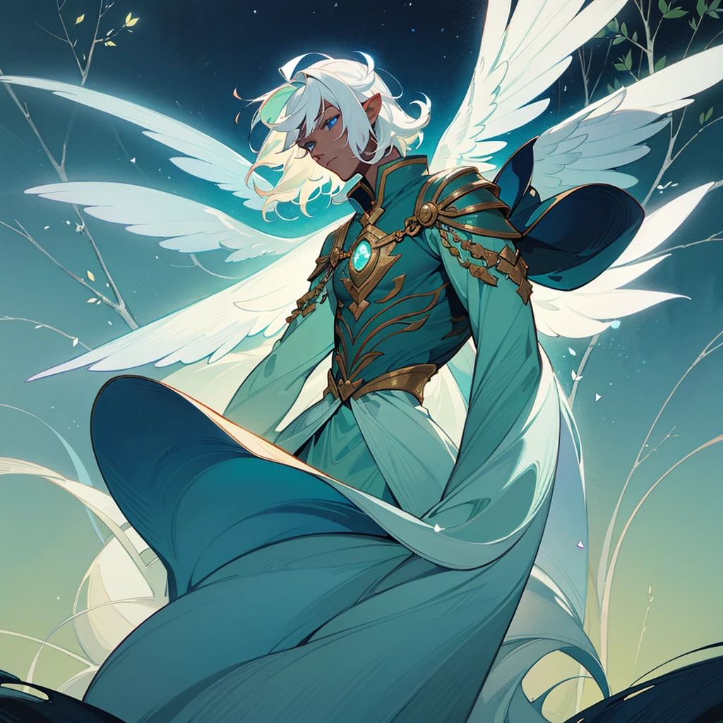 Lonely male deity with black skin and white hair, short bangs medium back hair. Bright sky blue eyes. Green branches with elongated leaves. Long, wavy tail of dark blue with green sparkles resembling a starry night sky, a large pair of wings on the back, a pair of small wings behind the ears. mystical atmosphere, delicate brushwork, magical scenery, Peaceful and serene. Astral Witch Outfit, fashion RPG outfit, detailed clothing. (best qualityer, high resolution, ultra detali).