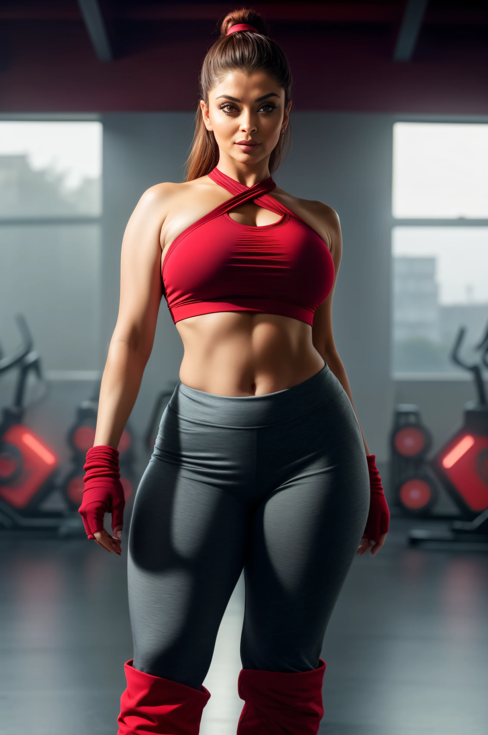 Full figure photo of 50YO MATURE MILF Aishwarya rai as SEXIEST MILF model, tight red gym sweatpants, ankle high boots, red knotted short top, navel out, posing in all boys gym, day scene, mature hourglass figure, massive cleavage show, look at camera and seductive smirk, ((high ponytail short hair)), sexy 50yo MILF, soft volumetric lights, intricate details, (ArtStation:1.2)
