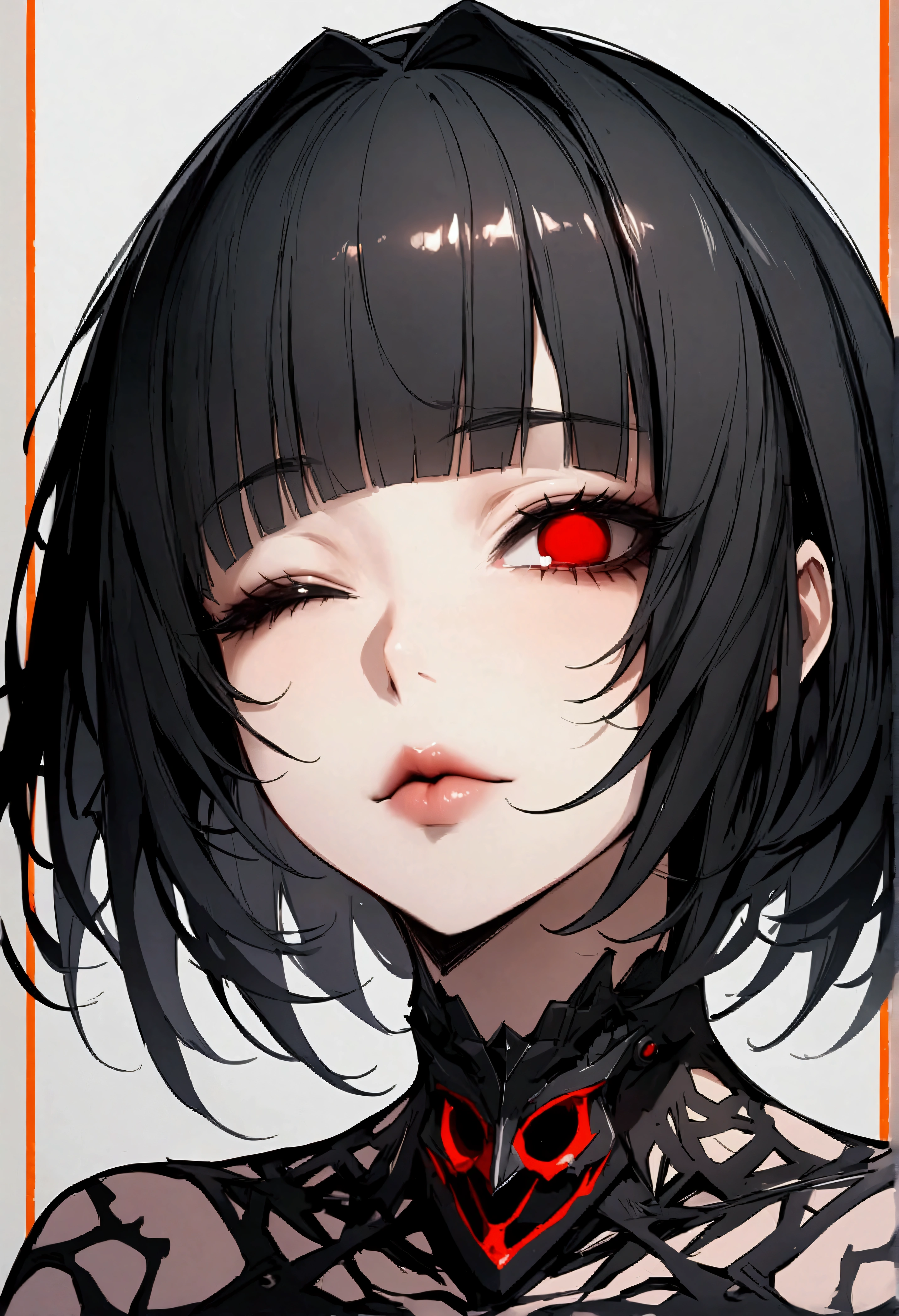 score_9, score_8, score_7_up, anime_source, anime, chromatic aberration, depth of field, bokeh, horror \(theme\), breasts, silver eyes, long black hair,blunt bangs, eyepatch, two-tone hair, simple background, evil, large ahoge, tattoo, dark aura, curse mark,