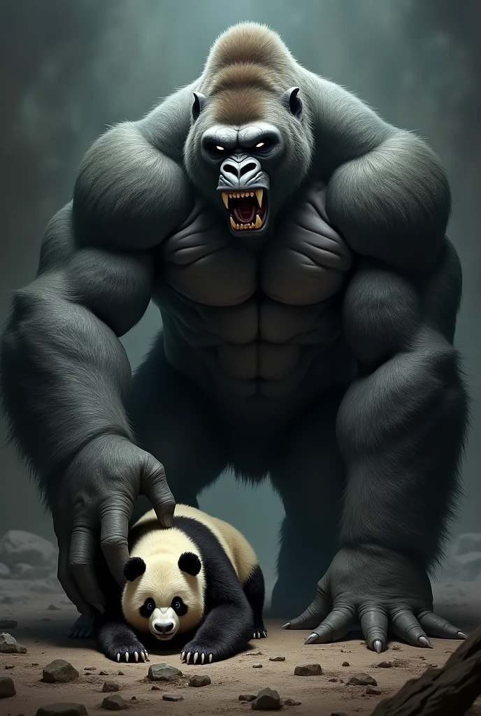 I want one of the war gorilla, big fit ass, with lots of muscles and scars, stepping on a small panda&#39;s head and the panda becomes scared and the gorilla becomes more threatening and less like an ai, I want the gorilla to literally be stepping on the panda&#39;s head

