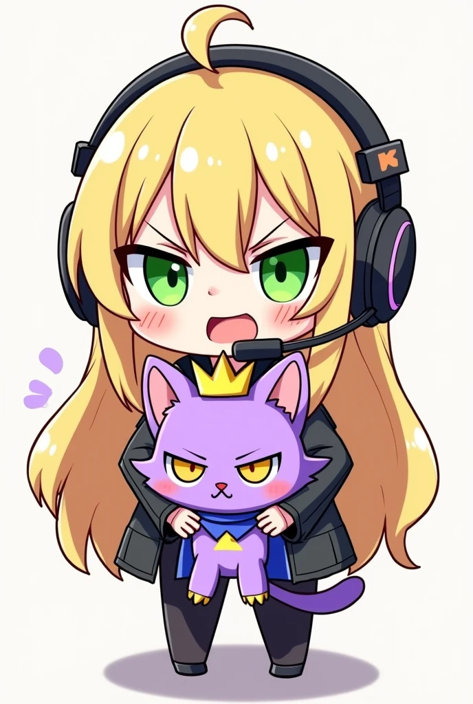 CHIBI BLONDE AUX CHEVEUX LONG AUX YEUX VERT QUI EST EN COLERE ET QUI AS UN CASQUE GAMING SUR LA TETE ET QUI PORTE DANS SES MAINS UNE PELUCHE D UN PETIT CHAT VIOLET AVEC DES SUPER POUVOIRS QUI AS SUR LA TETE UNE COURONNE DORE LE DESSIN DOIT ETRE EN MODE DESSIN