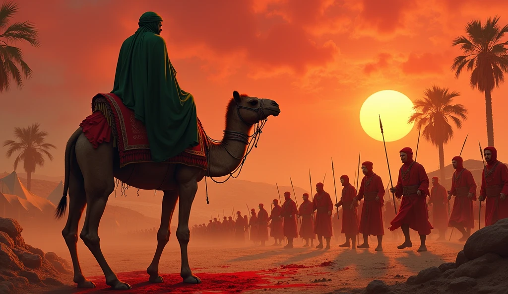 A men wear green hijab sitting bloody camel,
Both of men hands are placed by ancient handcuff,
Also neck are placed by ancient handcuffs,
Bloody sky,
Burning tents,
Some ancient army wear red suit with sword,javelin,sheild,
Burning date tress,

