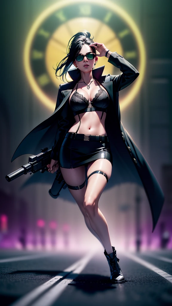 cyberpunk-style city with a nocturnal vibe with Matrix-like aesthetic references, glowing huge clock tower as time machine, green glowing cascading code. At night, (1girl, solo, alone), photorealistic, medium-breast slim:0.6 body, oval:0.5 face, cleavage:1.1, sexy black laced bra, miniskirt, white laced panty, coat, (black micro sunglasses), (holding a short gun), (slightly leaning forward running pose), ((half-body thigh level medium shot)), cinematic lighting, ray tracing, radial zoom blurred background.