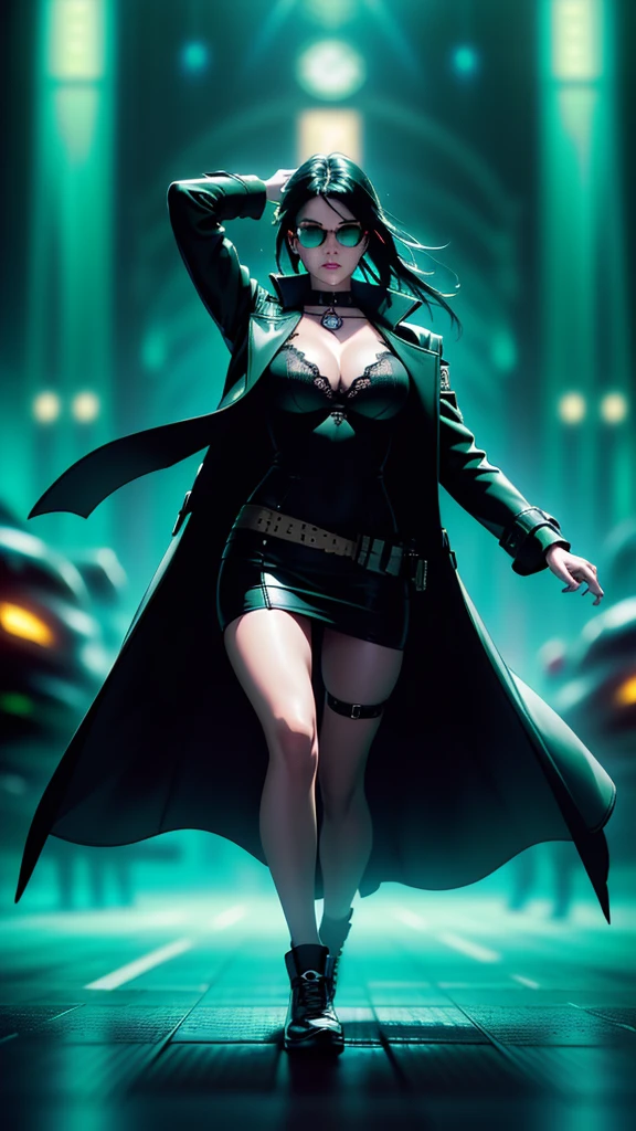 cyberpunk-style city with a nocturnal vibe with Matrix-like aesthetic references, glowing huge clock tower as time machine, green glowing cascading code. At night, (1girl, solo, alone), photorealistic, medium-breast slim:0.6 body, oval:0.5 face, cleavage:1.1, sexy black laced bra, miniskirt, white laced panty, coat, (black micro sunglasses), (holding a short gun), (slightly leaning forward running pose), ((half-body thigh level medium shot)), cinematic lighting, ray tracing, radial zoom blurred background.