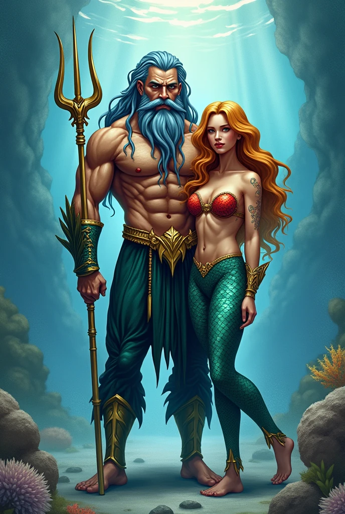 Fait une illustration d'aquaman aux cheveux longs cheveux en multiples tresses bleus, tempes rasés aux yeux argenté, longue barbe grise tressée, accompagné d'une charmante sirène soutien de gorge rouge, écailles dorés, décorée d'éléments marins, debout sur le côté, trident en argent en main, pieds nus palmés. Full body, au centre de l'image, aquarelle 4k