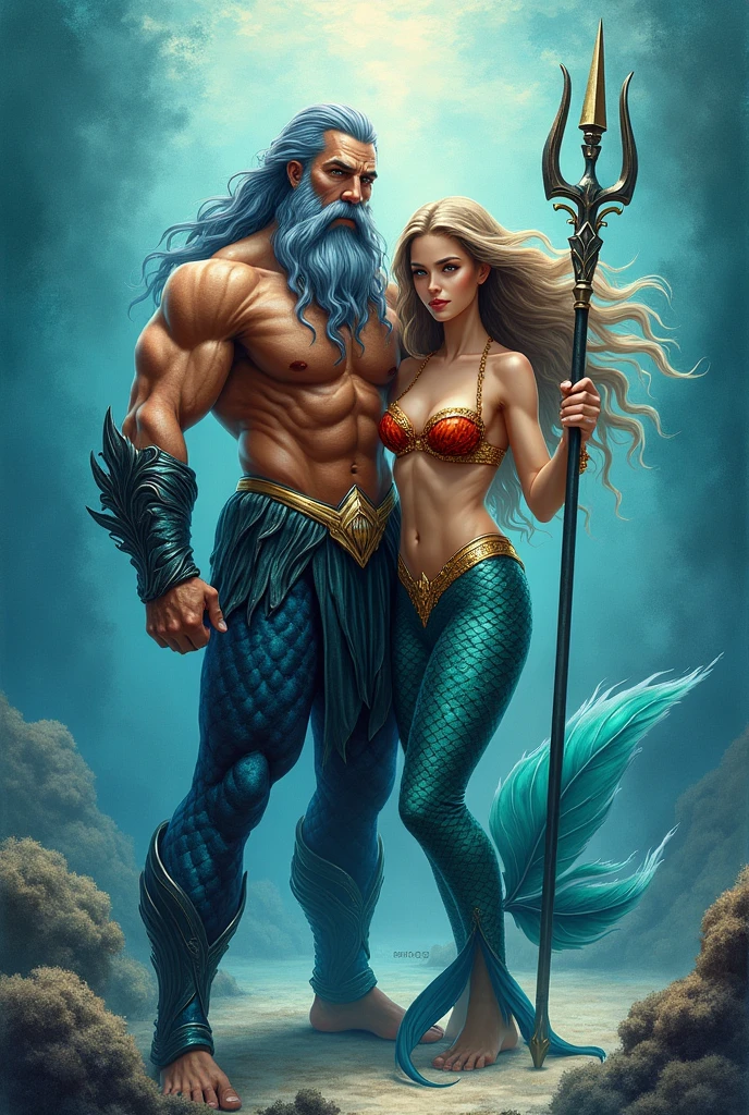 Fait une illustration d'aquaman aux cheveux longs cheveux en multiples tresses bleus, tempes rasés aux yeux argenté, longue barbe grise tressée, accompagné d'une charmante sirène soutien de gorge rouge, écailles dorés, décorée d'éléments marins, debout sur le côté, trident en argent en main, pieds nus palmés. Full body, au centre de l'image, aquarelle 4k