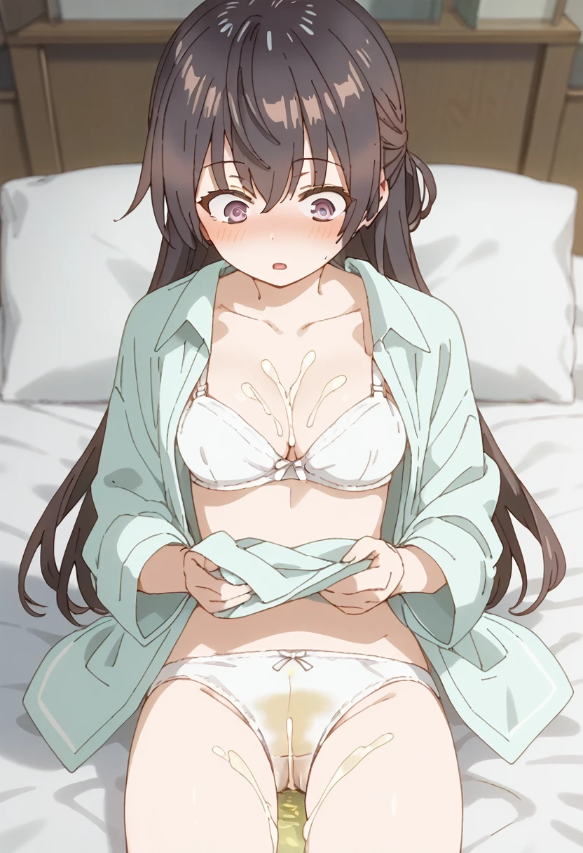 (uncensored), score_9, score_8_up, score_7_up,source_anime, high quality, exceptional, best quality, perfect hand, 1 girl, (solo), looking down, (looks sleeping), detailed face, detailed eyes, (blushed:1.5), (surprised:1.5), ((lift up white cute bra with frill and show off nipple)), naked nipple, (middle size breasts), open shirt, ((white cute panties with frill, urine stain)), ((excessive cum shot on the body)), (sitting on the bed), Yuki Suou, brown hair, long hair, purple eyes, collarbone, hair between eyes