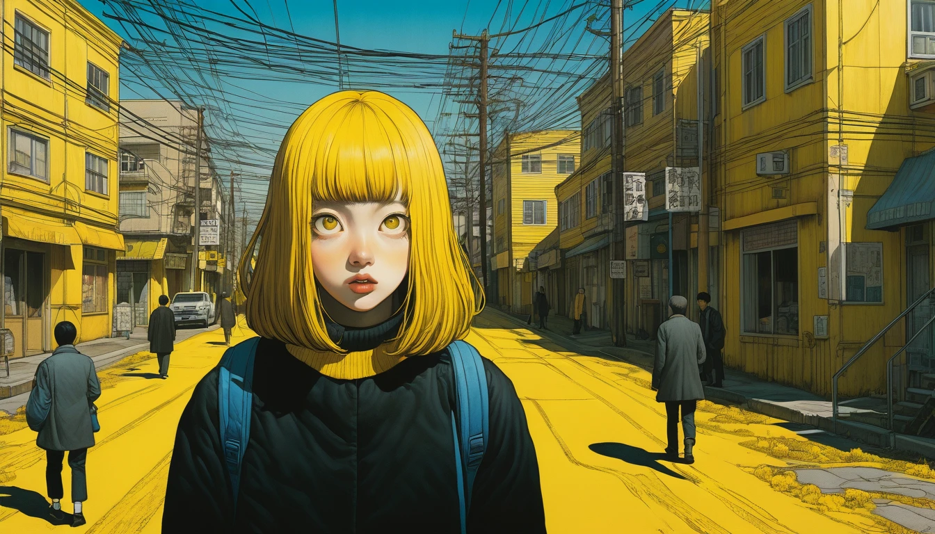 An illustration、art、Supervised by Junji Ito、Overaction、Overreaction、Pretending to be scared、Attention to detail, Realistic shadows、Analog Style, chromatic aberration, Surrealism、Yellow Town