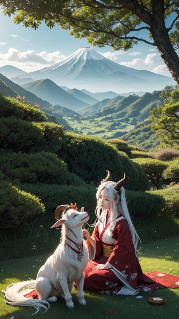 Title: Mythical Encounter in the Hills
Description: Create a digital artwork featuring two characters in a lush, green landscape with rolling hills and a clear sky. The scene should blend traditional Japanese elements with mythical themes, creating an intriguing narrative.
Characters:
Foreground Character:
Appearance: Mythical creature with green skin, long white hair, and large curved horns, resembling a humanoid goat.
Attire: Adorned with red and gold bracelets, intricate white markings on the face.
Pose: Seated on the grass with one hand resting on the ground and the other holding a red string or thread.
Expression: Calm and contemplative.
Background Character:
Appearance: Human figure wearing traditional Japanese attire, possibly a kimono with white fabric and red patterns.
Hair: Black, styled in an updo with red ornaments.
Pose: Standing behind the mythical creature, facing away from the viewer, looking towards the horizon.
Expression: Serene and thoughtful.
Setting:
Location: Lush, green landscape with rolling hills and distant mountains.
Time of Day: Daytime with a clear sky and soft sunlight.
Atmosphere: Peaceful and serene, with a sense of harmony between the characters and their surroundings.
Details:
Lighting: Use soft, natural lighting to highlight the characters and create a sense of depth.
Costume Design: Reflect traditional Japanese attire with attention to detail in patterns and accessories.
Atmosphere: Incorporate elements like gentle sunlight and subtle shadows to enhance the tranquil mood.
Text Elements:
Top Right Corner: Japanese character “理” (meaning “reason” or “logic”).
Bottom Left Corner: Japanese text "Really scary fairy tales" (translates to “truly scary fairy tales”).