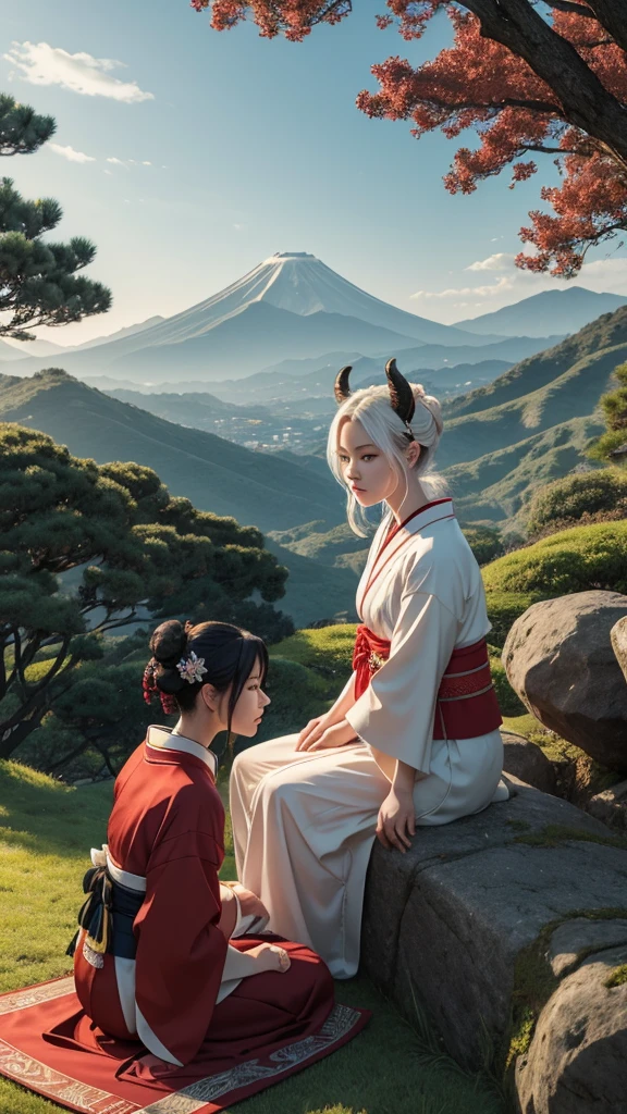 Title: Mythical Encounter in the Hills
Description: Create a digital artwork featuring two characters in a lush, green landscape with rolling hills and a clear sky. The scene should blend traditional Japanese elements with mythical themes, creating an intriguing narrative.
Characters:
Foreground Character:
Appearance: Mythical creature with green skin, long white hair, and large curved horns, resembling a humanoid goat.
Attire: Adorned with red and gold bracelets, intricate white markings on the face.
Pose: Seated on the grass with one hand resting on the ground and the other holding a red string or thread.
Expression: Calm and contemplative.
Background Character:
Appearance: Human figure wearing traditional Japanese attire, possibly a kimono with white fabric and red patterns.
Hair: Black, styled in an updo with red ornaments.
Pose: Standing behind the mythical creature, facing away from the viewer, looking towards the horizon.
Expression: Serene and thoughtful.
Setting:
Location: Lush, green landscape with rolling hills and distant mountains.
Time of Day: Daytime with a clear sky and soft sunlight.
Atmosphere: Peaceful and serene, with a sense of harmony between the characters and their surroundings.
Details:
Lighting: Use soft, natural lighting to highlight the characters and create a sense of depth.
Costume Design: Reflect traditional Japanese attire with attention to detail in patterns and accessories.
Atmosphere: Incorporate elements like gentle sunlight and subtle shadows to enhance the tranquil mood.
Text Elements:
Top Right Corner: Japanese character “理” (meaning “reason” or “logic”).
Bottom Left Corner: Japanese text "Really scary fairy tales" (translates to “truly scary fairy tales”).