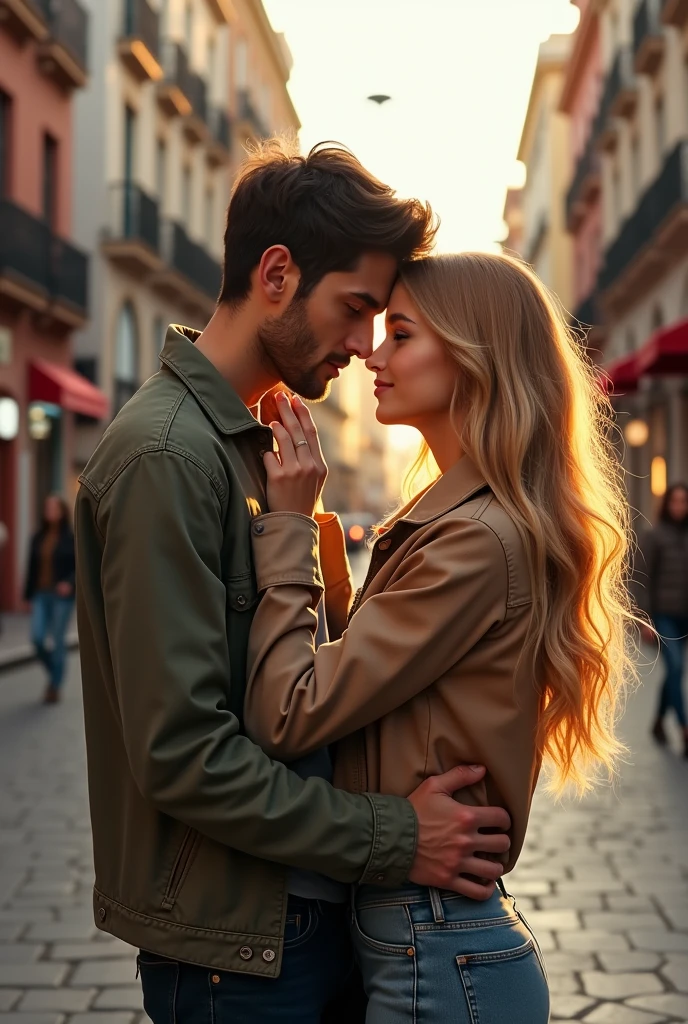 A couple he brown hair and eyes she blonde long hair green eyes hugging in Madrid 8k ultrarealistic photorealistic
