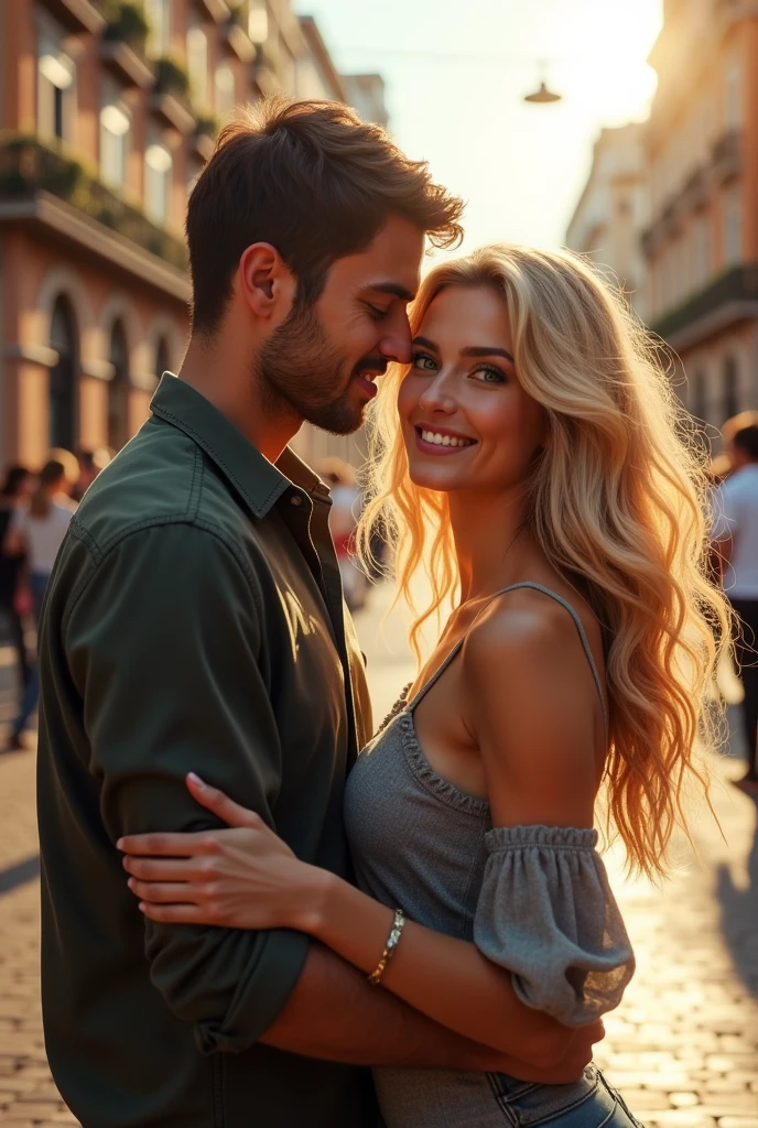 A couple he brown hair and eyes she blonde long hair green eyes hugging in Madrid 8k ultrarealistic photorealistic