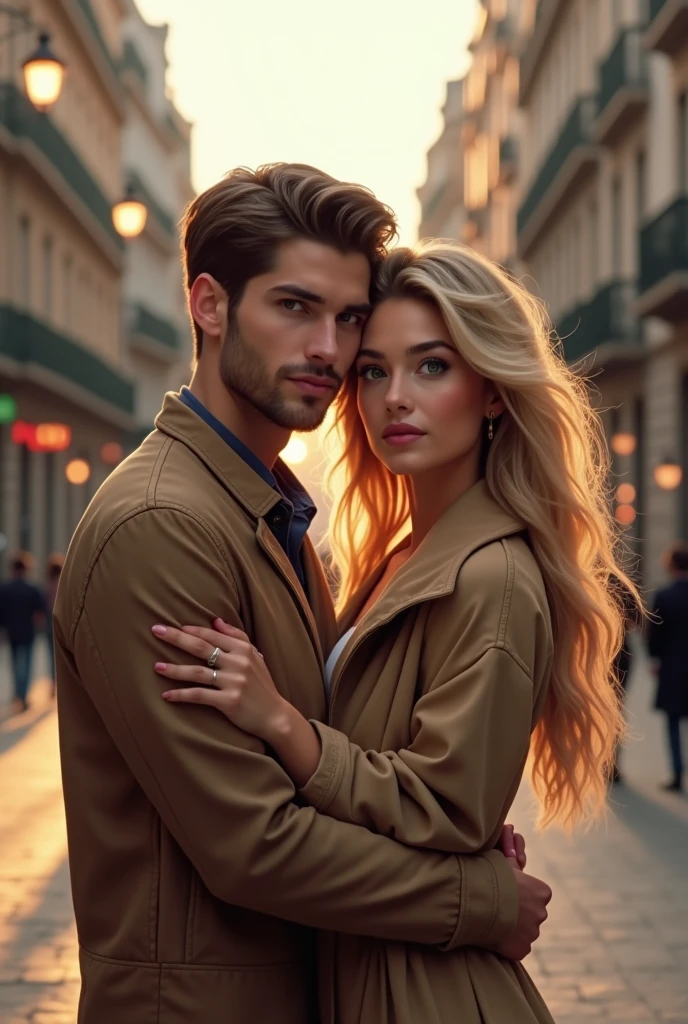 A couple he brown hair and eyes she blonde long hair green eyes hugging in Madrid 8k ultrarealistic photorealistic 