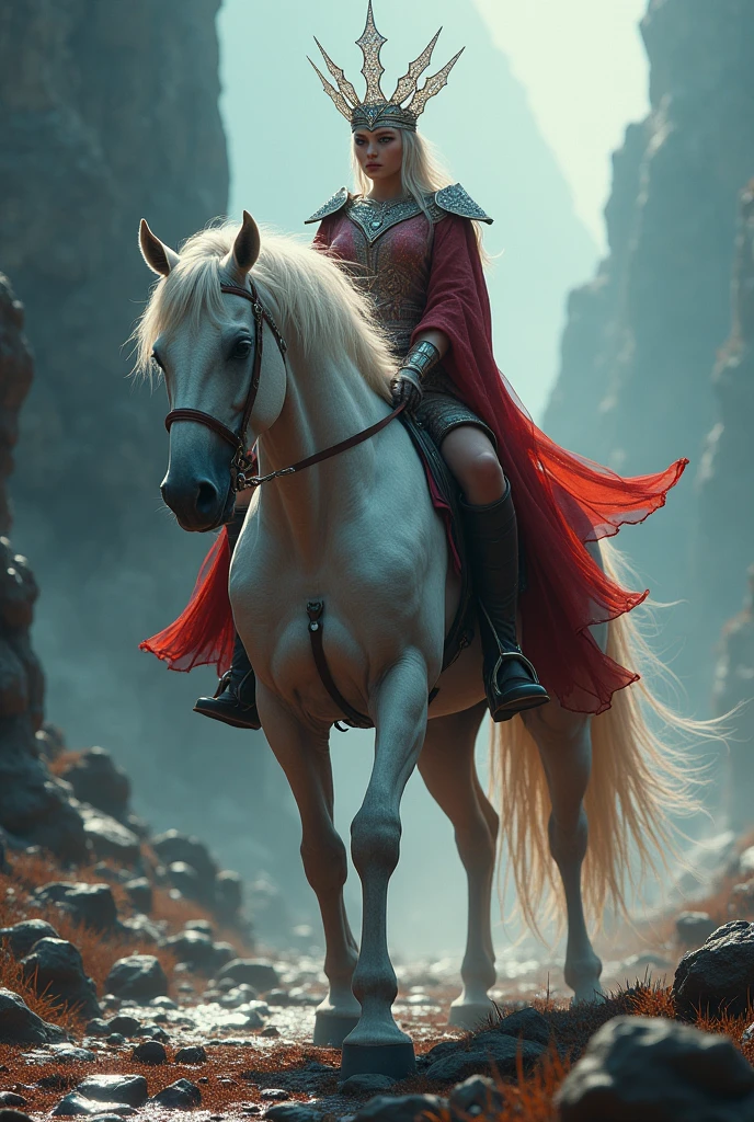 A horse with a rider with a head full of diamonds and clothes stained with blood