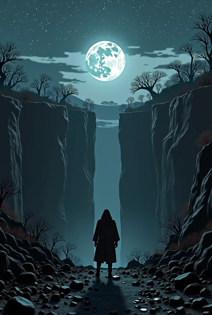 Front view of an abyss at night seeing the full moon, starry sky, gray vegetation all around Looking down into the immensity of the valley