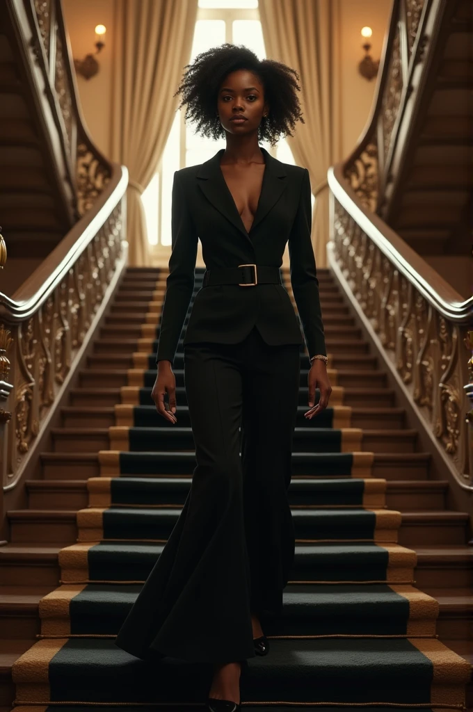 black woman walking up the stairs from behind