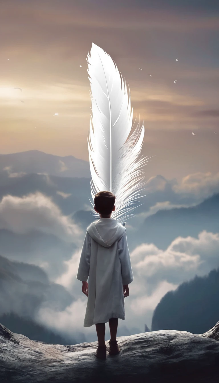 Create a minimal, modern, simple, inspirational, fantastic, poetic, epic, original, memorable, dream like, cinematic logo design of a dreamer boy and a cinematic, memorable white fantastic feather for the brand “Penamemoria". The logo design must convey the artistic, fantastic, epic inspiration of a dreamer boy in a unique, fantasy cinematic white feather.