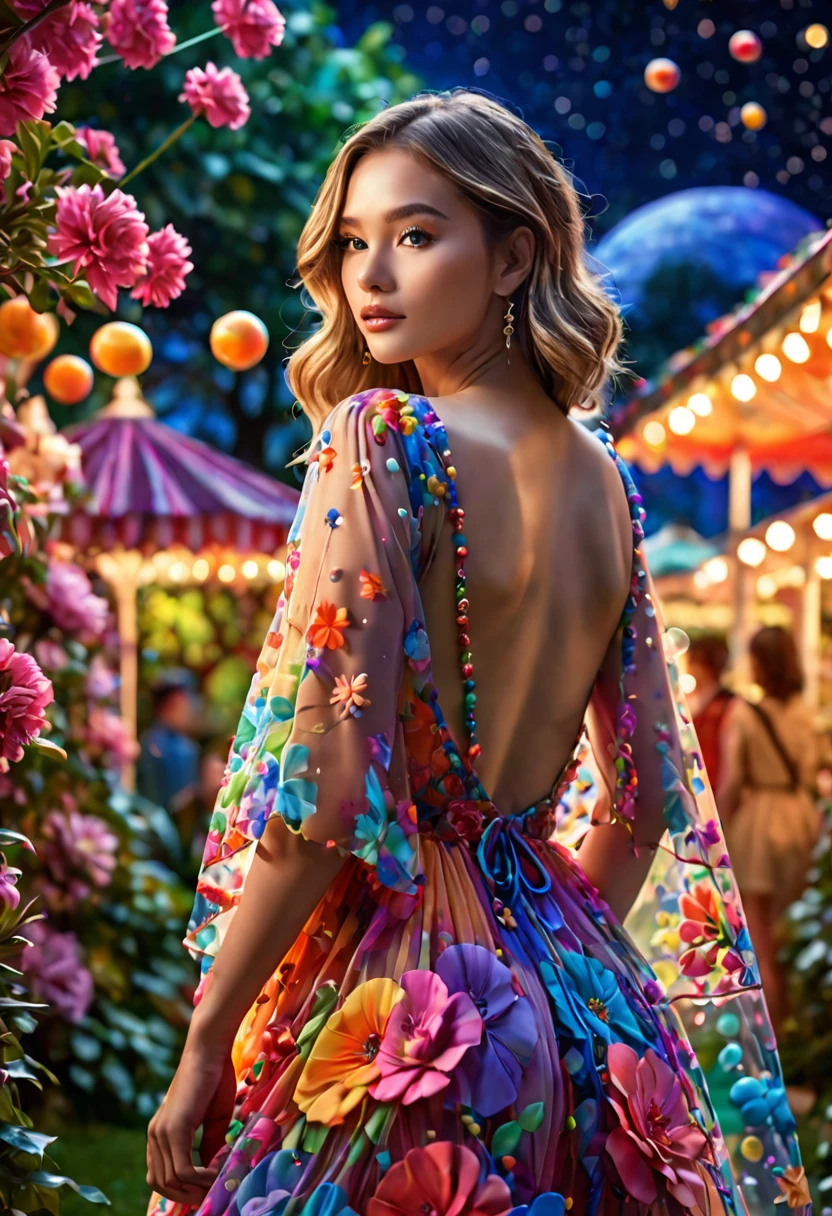 a detailed photo of Minynaranja in a sheer colorful gown without underwear, strolling through a candy land garden in full bloom on a moonlit night, sultry poses, mainly viewed from behind, best quality,4k,8k,highres,masterpiece:1.2,ultra-detailed,realistic,photo-realistic:1.37,HDR,UHD,studio lighting,ultra-fine painting,sharp focus,physically-based rendering,extreme detail description,professional,vivid colors,bokeh,portrait