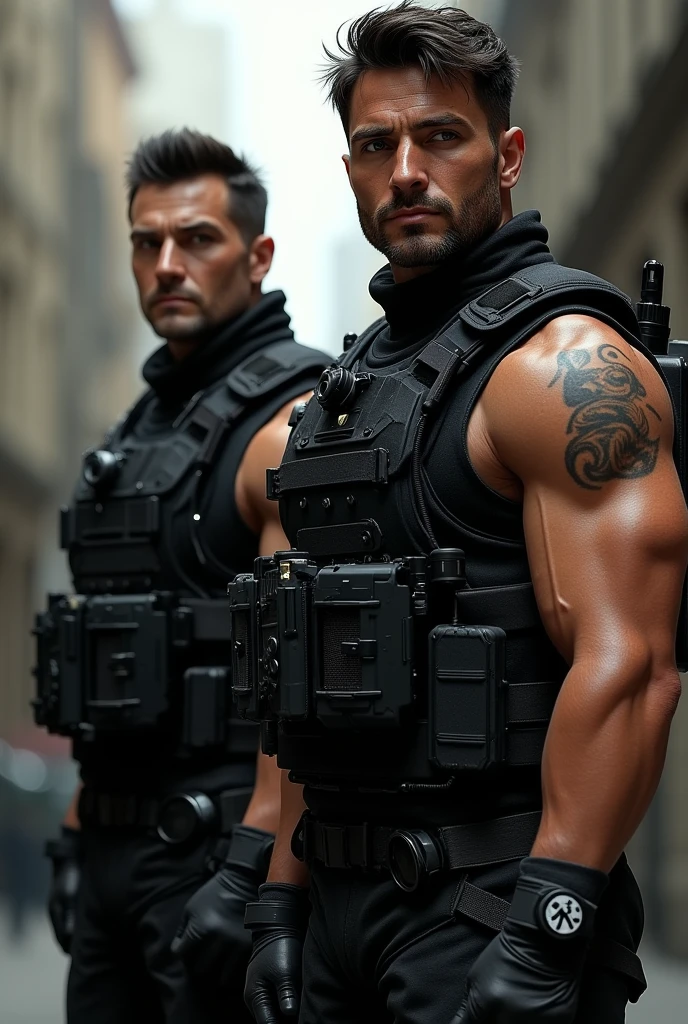 Create a 2 man, black hair, black eyes, tanned skin, muscular, delgado, dressed in a well-equipped black combat suit 