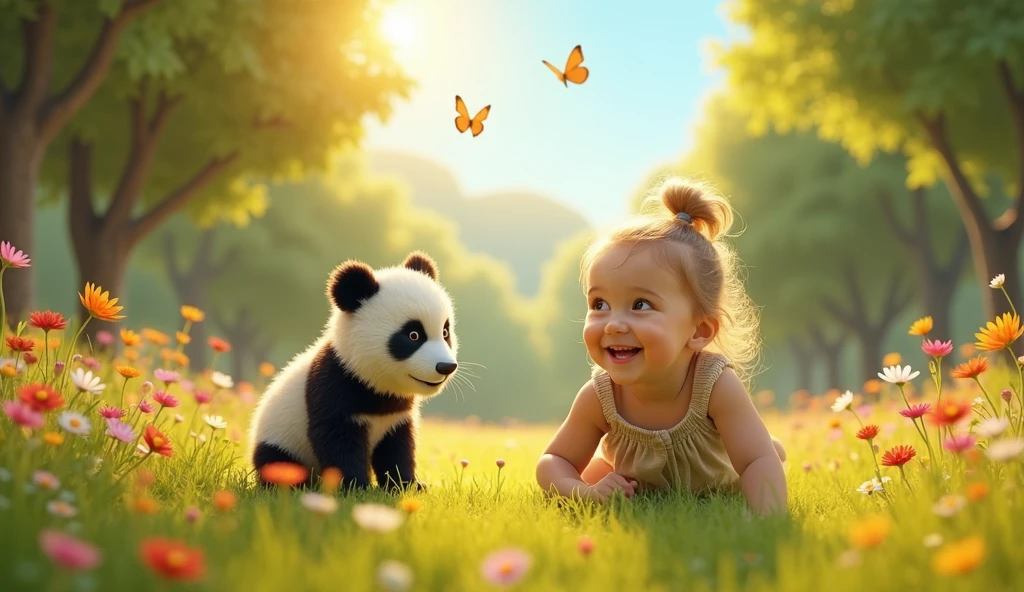 I'm glad you liked the story! Here are some image prompts for each scene:

Scene 1:
"A curious , Emma, crawling through a sunny meadow, surrounded by vibrant flowers and towering trees."

Image prompt: A colorful illustration of Emma crawling, with a big smile on her face, amidst a lush meadow landscape.

Scene 2:
"Emma discovers a baby panda,g, in the meadow, with a surprised expression on her face."

Image prompt: A heartwarming illustration of Emma's face lighting up as she finds Ping, with the little panda looking up at her with big, round eyes.

Scene 3:
"Emma and Ping cuddle and play together in the meadow, surrounded by butterflies and wildflowers."

Image prompt: A whimsical illustration of Emma and Ping snuggled up, surrounded by fluttering butterflies and colorful wildflowers, with a bright sunshine in the background.

Scene 4:
"Emma and Ping go on adventures, exploring the meadow and chasing after butterflies."

Image prompt: A dynamic illustration of Emma and Ping running and laughing together, with butterflies leading the way, amidst a beautiful meadow landscape.

Scene 5:
"Ping's mother, a gentle giant, appears, and Emma introduces her to Ping, with a happy reunion."

Image prompt: A touching illustration of Emma, Ping, and Ping's mother reunited, with a warm and cozy atmosphere, showcasing their special bond.

Scene 6:
"The three spend their days together, exploring and playing, with a sunny meadow landscape in the background."

Image prompt: A joyful illustration of Emma, Ping, and Ping's mother enjoying a picnic or playing a game together, surrounded by a vibrant meadow landscape.

Feel free to use these prompts to create your own illustrations or visualizations of the story!