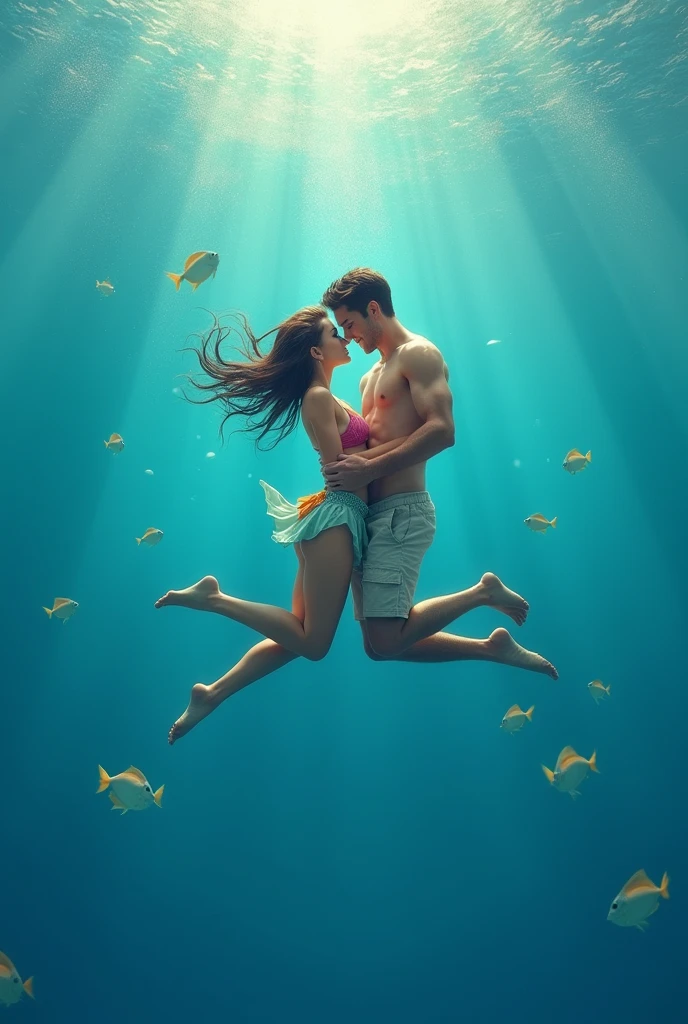 Woman in bikini and man in shorts swimming underwater as a couple