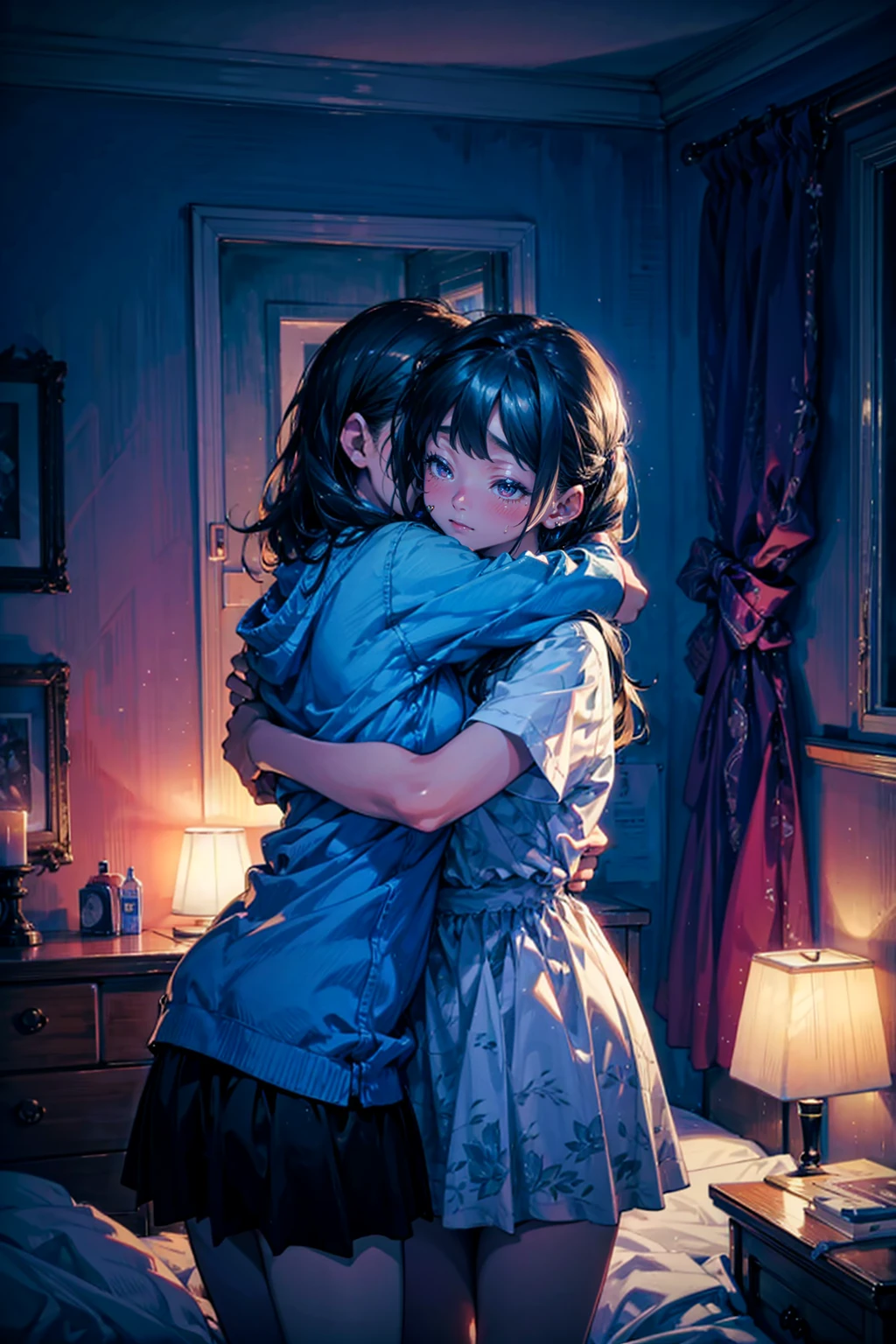 2girls,cry,tear,hug,in bedroom,at night